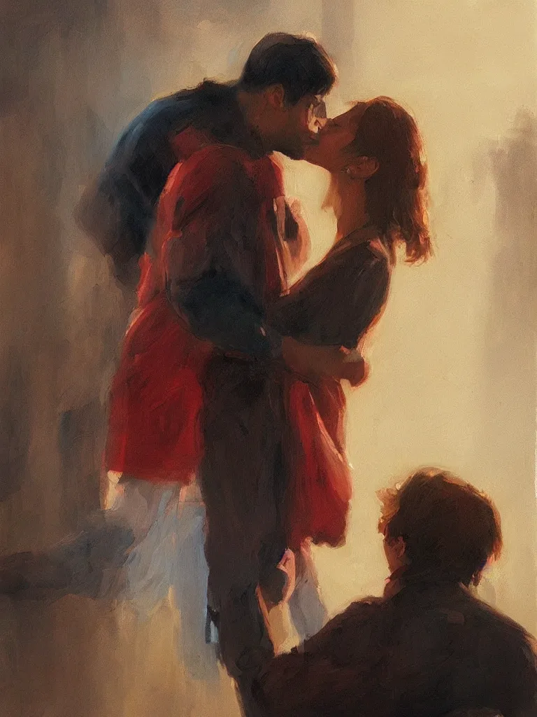 Image similar to masterpiece painting by salman toor, of a solo individual portrait of a guy and a girl kissing, cinematic light, renaissance, atmospheric effects, artstation