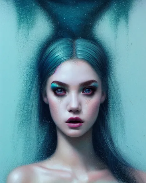 Image similar to ( ( ( portrait of mermaid ) ) ), zoom, rule of thirds, intricate, attractive, symmetrical!!, makeup, loreal, maybelline, sephora, loreal, artstation, art by greg rutkowski and gonzalo ordonez arias, and artgerm, filmic, vsco, moody, gotham, concept art, cg society,