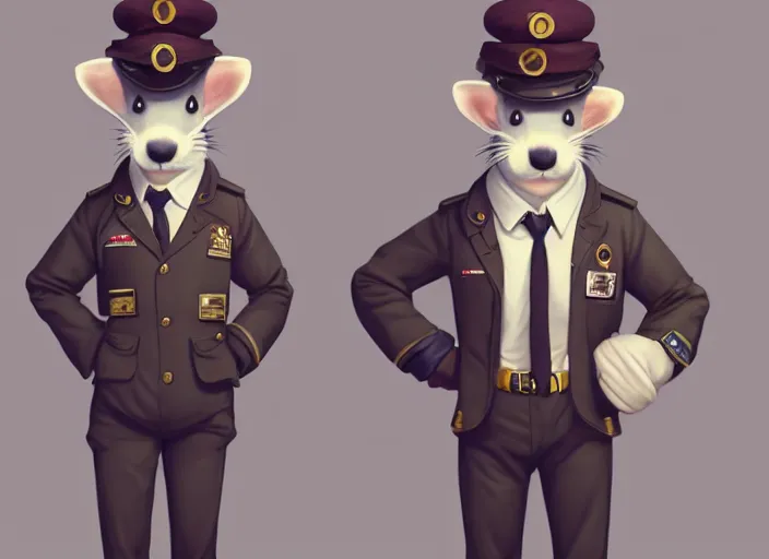 Image similar to character portrait feature of the anthro male anthropomorphic ferret fursona wearing airline pilot outfit uniform professional pilot character design stylized by charlie bowater, ross tran, artgerm, and makoto shinkai, detailed, soft lighting, rendered in octane