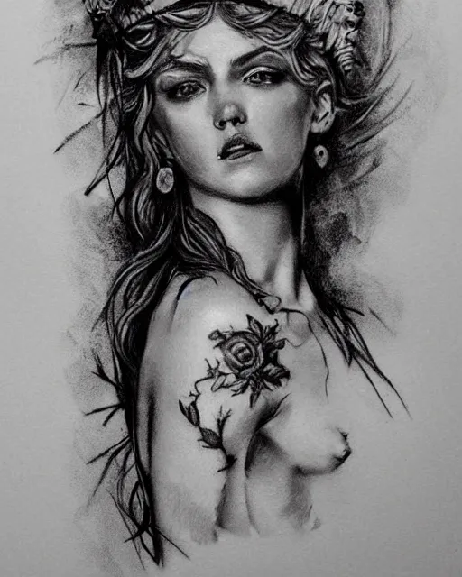 Image similar to realism tattoo sketch of a beautiful greek goddess aphrodite with piercing eyes wearing a laurel wreath and triangle earrings, in the style of greg rutkowski, amazing detail