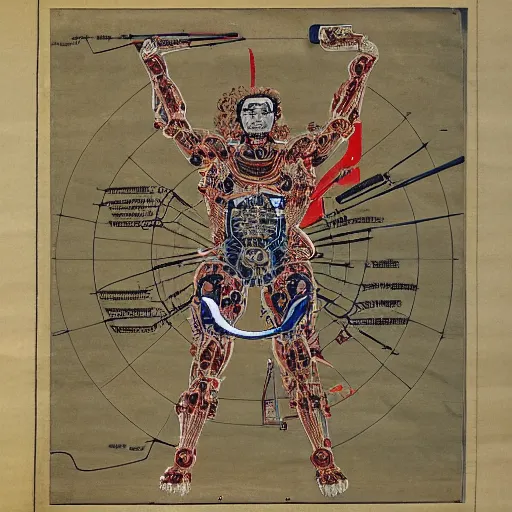 Image similar to a brilliantly colored Japanese scroll of an exploded diagram of a detailed engineering schematic of a cyborg samurai made by an AI in the pose vitruvian man in the style of jean giraud , post-processing , award winning, photo realistic, aged blood stains