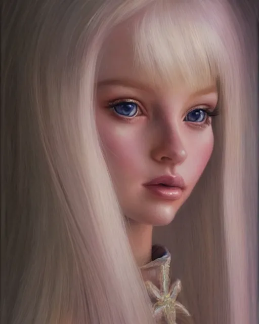 Image similar to human barbie portrait | highly detailed | very intricate | symmetrical | whimsical and magical | soft cinematic lighting | award - winning | closeup portrait | barbie doll | painted by donato giancola and mandy jurgens and charlie bowater | pastel color palette | featured on artstation