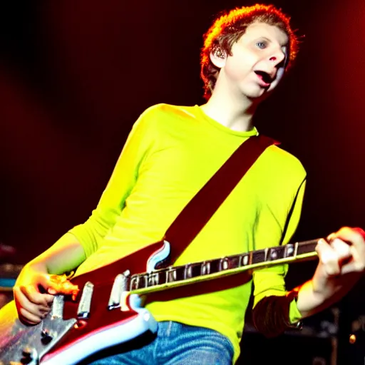 Image similar to michael cera playing guitar at an aerosmith concert, photo, detailed, 4 k