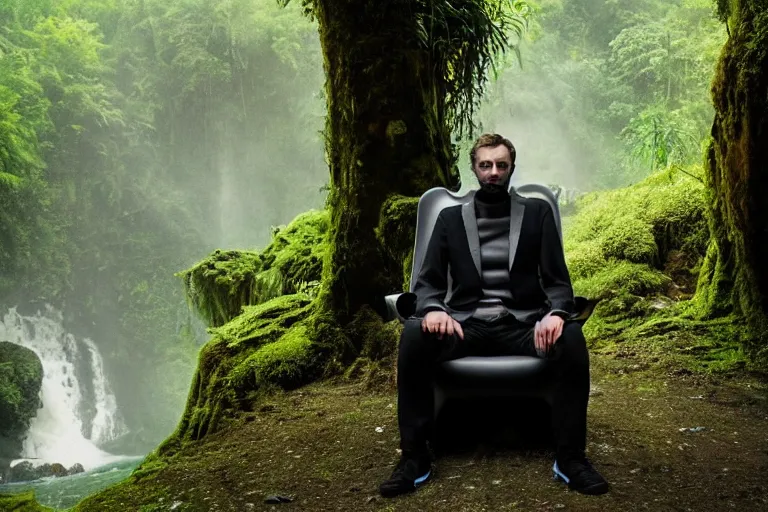 Image similar to movie closeup young man with a grey beard in a cyberpunk suit sitting on a futuristic chair at the edge of a jungle waterfall by emmanuel lubezki