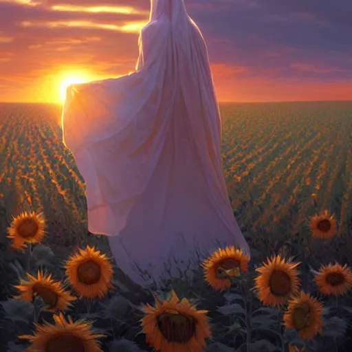 Prompt: Bedsheet Ghost in a field of sunflowers, sunset, highly detailed, digital painting, artstation, concept art, smooth, sharp focus, illustration, art by artgerm and greg rutkowski and alphonse mucha