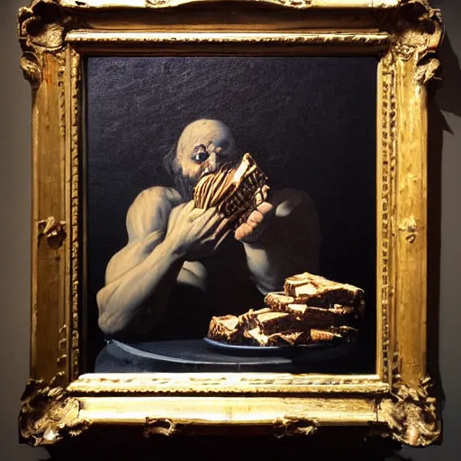 Image similar to saturn devouring a snickers chocolate bar, goya painting, in the style of goya and greg rutkowski, in the style of black paintings, 8 k, highly realistic