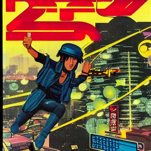 Image similar to 1979 OMNI Magazine, Anime Neo-tokyo bank robbers fleeing the scene with bags of money, Highly Detailed, 8k :4 by Vincent Di Fate : 8