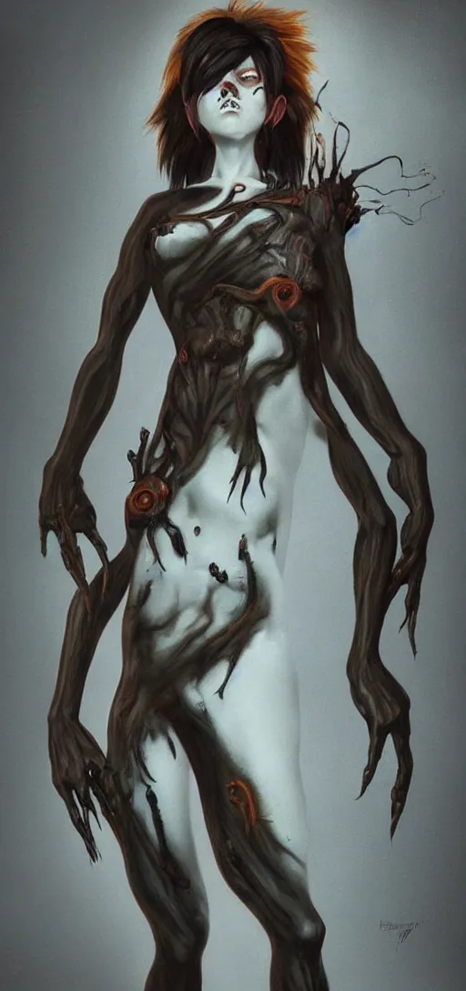 Image similar to dark full body painting of tracer from overwatch, in style of zdzisław beksinski, scary, horror, 4 k, feminine facial features, overwatch tracer character, horror, body horror, disturbing, detailed face, dressed in dark garment, black tendrils, tall, long legs,