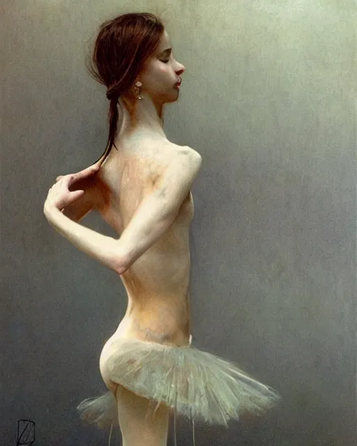 Prompt: the ballerina seen at the end of a human's life, painted by zdzislaw beksinski and artgerm and greg rutkowski and alphonse mucha