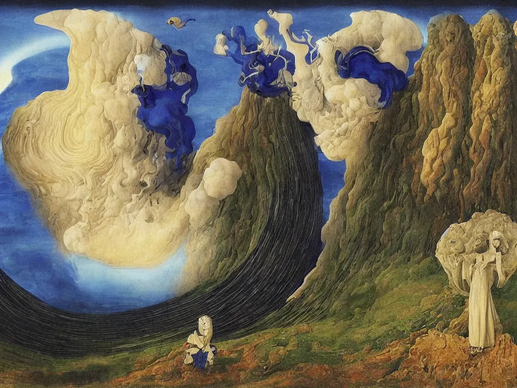 Image similar to Portrait of albino mystic with blue eyes, with portal to another realm. Landscape with lapis lazuli tsunami, giant wave. Painting by Jan van Eyck, Audubon, Rene Magritte, Agnes Pelton, Max Ernst, Walton Ford