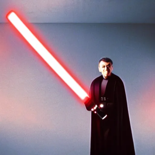 Prompt: mr. bean as darth sidious, holding a red light saber in star wars, film still, cinematic lighting, highly detailed