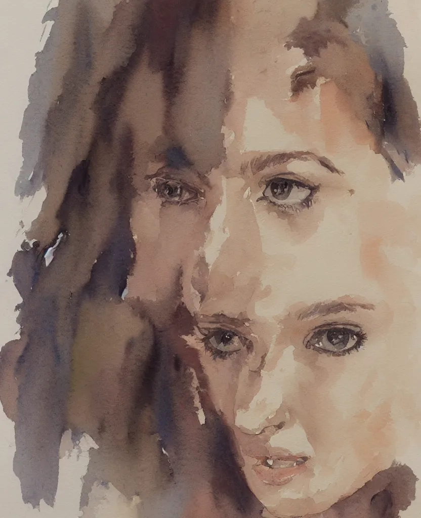 Prompt: watercolor sketch, hagan robert painting, face portrait of a woman