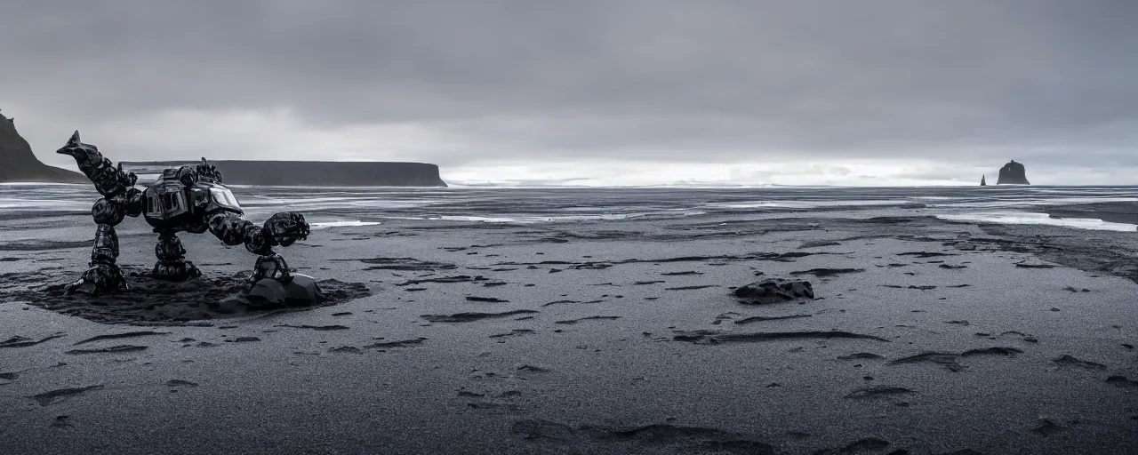 Prompt: low angle cinematic shot of giant futuristic mech in the middle of an endless black sand beach in iceland with icebergs in the distance,, 2 8 mm