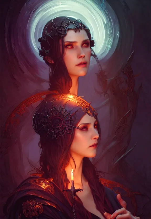 Image similar to Necromancer Sorceress in center, fantasy magic, undercut hairstyle, dark light night, intricate, elegant, sharp focus, illustration, highly detailed, digital painting, concept art, matte, art by WLOP and Artgerm and Greg Rutkowski and Alphonse Mucha, masterpiece