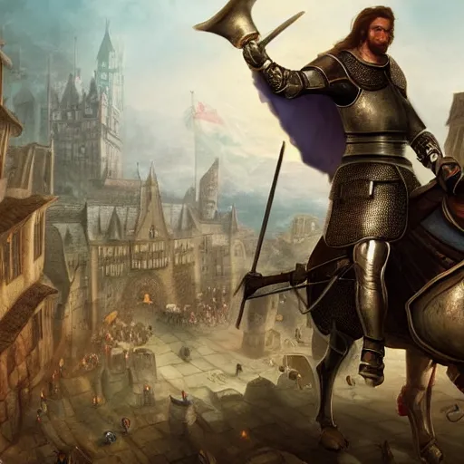 Image similar to Medieval knight with his sword drawn riding on top of a huge snail in a medieval city, wide shot, detailed, 4K, digital art, cinematic lighting, dynamic lighting, ambient lighting, award winning art