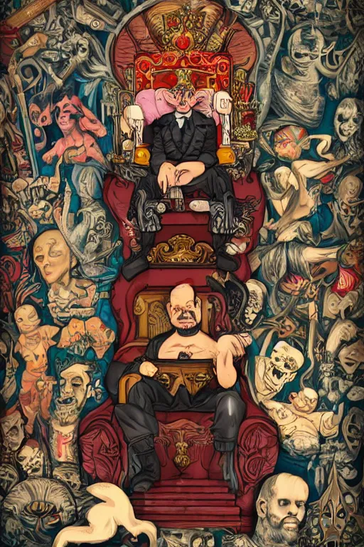 Image similar to a man sitting in a throne, surrounded by your alternative personalities in lowbrow art style