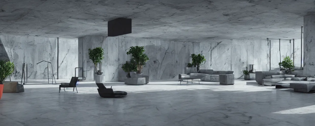Image similar to modern marble brutalist interior, organic furniture, plants, blade runner, sci fi, stunning detail, cyberpunk, 8k, cinematic lighting, sublime, ultra realistic, colorful, neon, octane rendered,