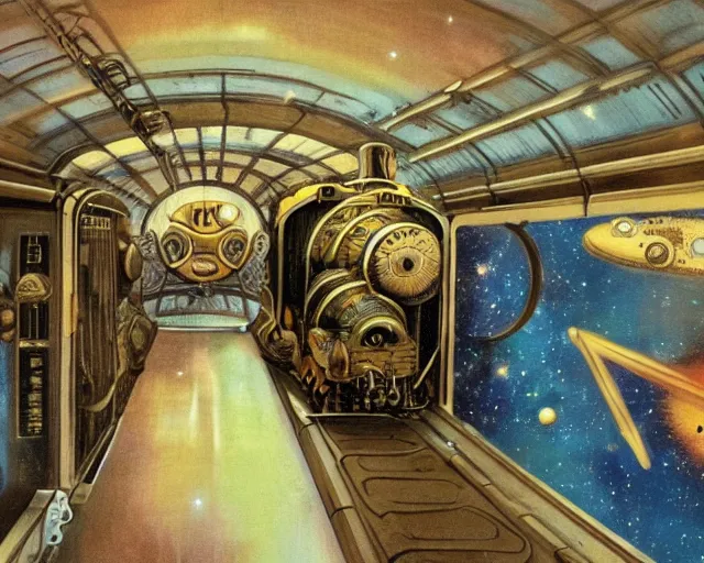 Image similar to Space with steampunk train in space, by michelangelo