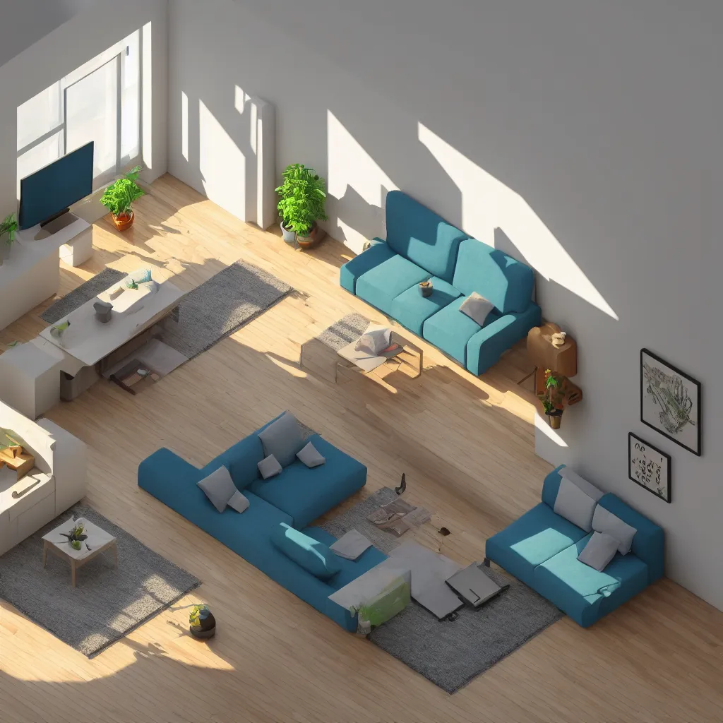 Image similar to small isometric living room, octane render, amazing colors, hdri, 8k high quality, trending on art station