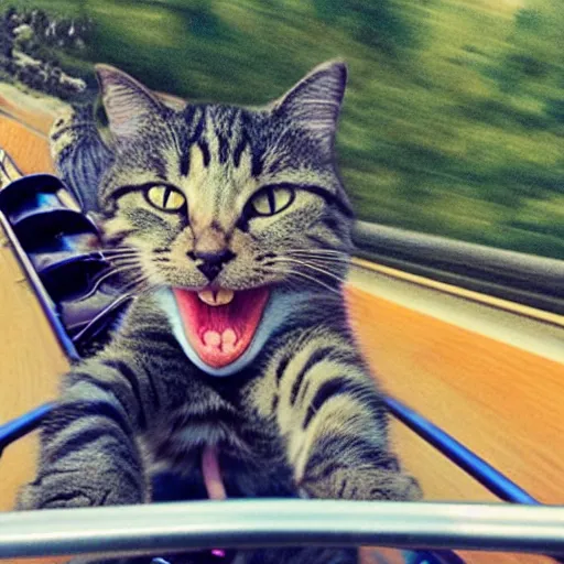 Image similar to selfie of an excited cat riding a roller - coaster, highly - detailed award - winning