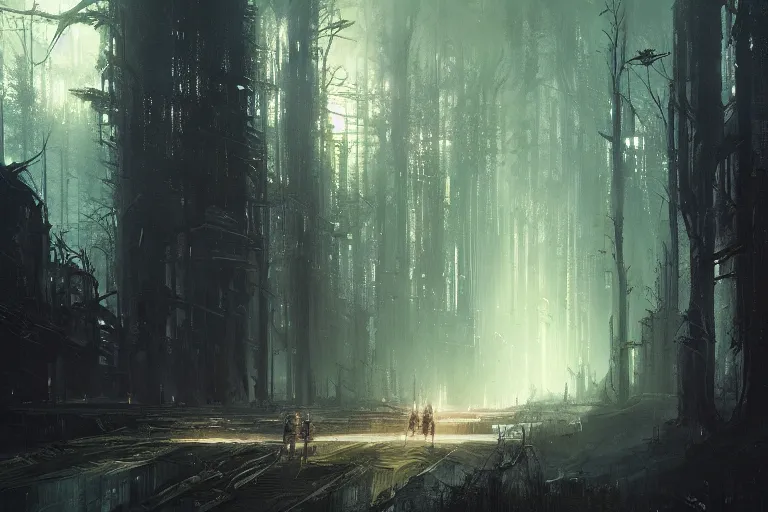 Image similar to forest, cyberpunk, illustrated by Greg Rutkowski and Caspar David Friedrich, Trending on artstation, artstationHD, artstationHQ