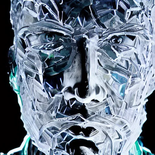 Image similar to man portrait made out of ice, beautiful, cyborg, comic book art, neon