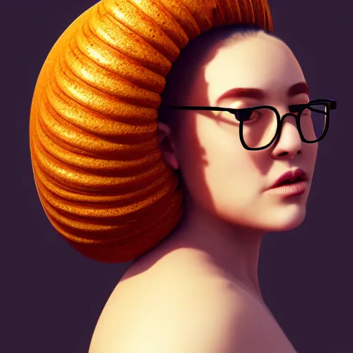 Prompt: portrait of a stocky beautiful woman with a bundt bundt pan face, large glasses, wide shot, digital art, 8k, trending on artstation