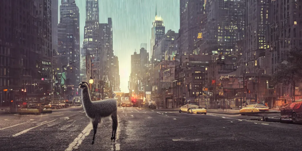 Image similar to a llama walking through a desolate manhattan city street at night, statue of liberty seen in the background, realistic 4 k octane beautifully detailed render, 4 k post - processing, highly detailed, detailed face, intricate complexity, epic composition, magical atmosphere, cinematic lighting, masterpiece, ultra hd