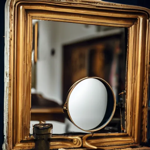 Prompt: mirror looking at a mirror, studio photography, reflection