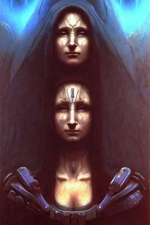 Image similar to character portrait cyberpunk starcraft terran warhammer 4 0 k space marine tech priest warrior princess ( ( ( ( ( ( ( ( totally definitely not negative no not mona lisa inspired ) ) ) ) ) ) ), beksinski character design, painting by gaston bussiere, katsuya terada, frank frazetta, tom of finland, trending on artstation