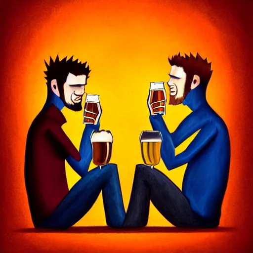 Image similar to two beautiful chad men drinking beers, !!!hearts!!!, friendship, love, sadness, dark ambiance, concept by Godfrey Blow, featured on deviantart, drawing, sots art, lyco art, artwork, photoillustration, poster art