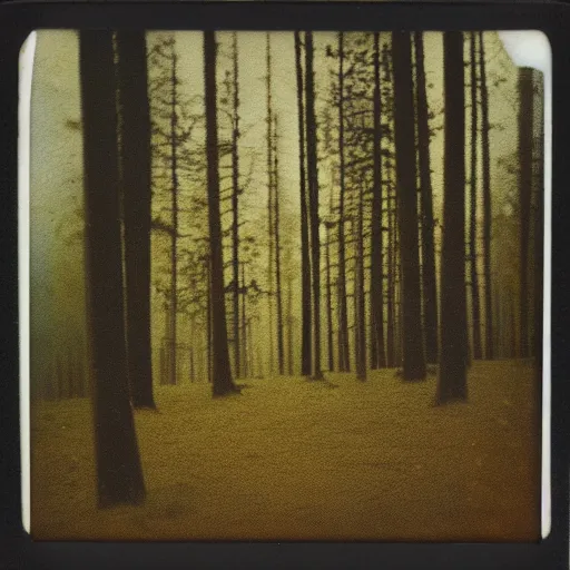Prompt: aged blurry polaroid photograph of a forest at dusk