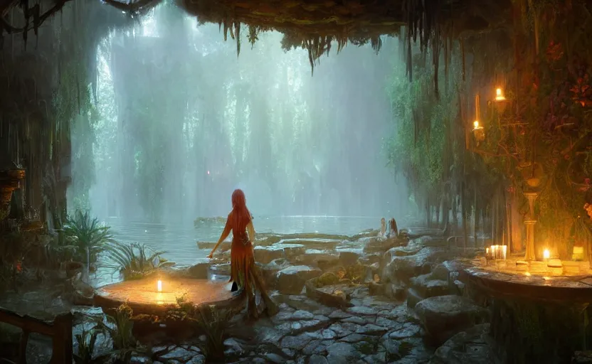 Image similar to painting of an interior of an elven hot spring with candles, natural light, fantasy, lush plants and flowers, natural light, concept art, by greg rutkowski and craig mullins, cozy atmospheric and cinematic lighting, trending on artstation