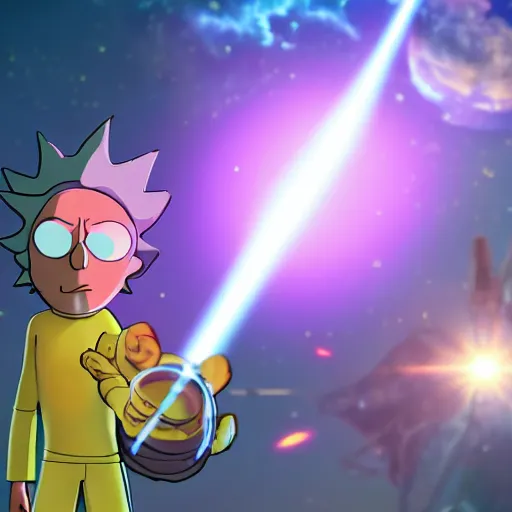 Prompt: Rick Sanchez returns from space to bring Morty a space cinnamon bun, lens flare photo real, artstaion trends, cinematic render, Detailed, colorful