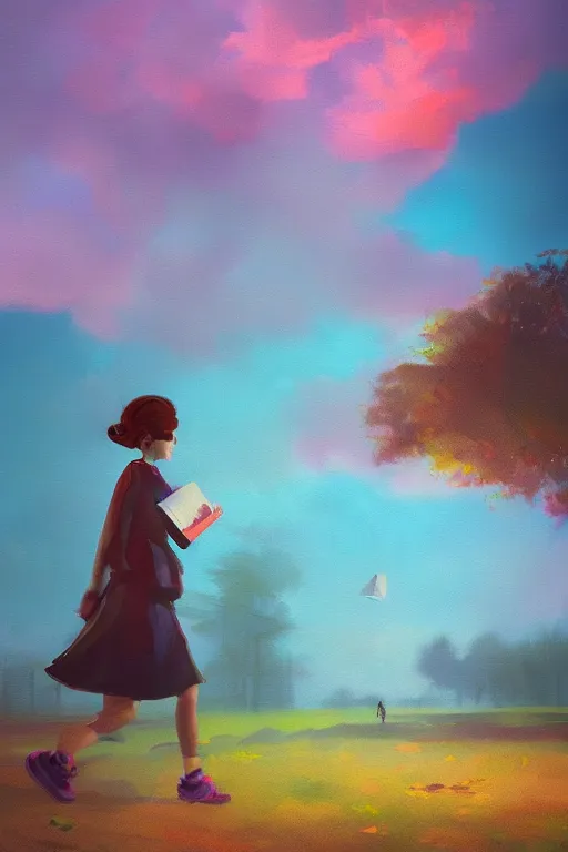Prompt: a girl walking in park with book in her hand, surreal photography, sunrise, dramatic light, impressionist painting, colorful clouds, digital painting, artstation, simon stalenhag