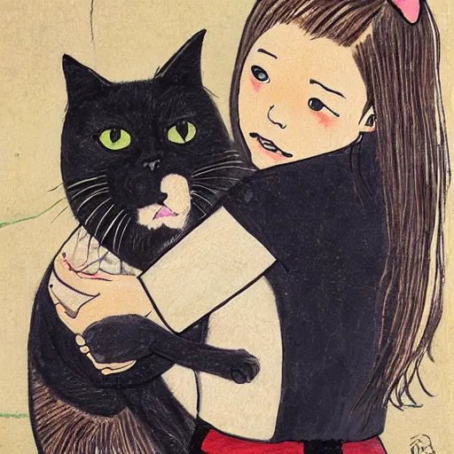 Prompt: Two girls attempt to hold an angry cat, painting by Yoshitomo Nara