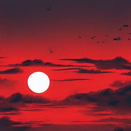 Image similar to an endless city. birds # # a red sun solar eclipse on the horizon., it goes in forever, dreamscape masterpiece., highly detailed.. 8 k.