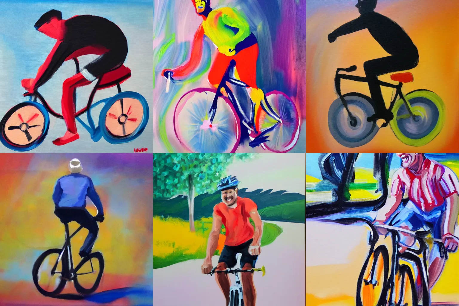 Prompt: A man riding a bicycle action shot, subject is smiling, acrylic painting