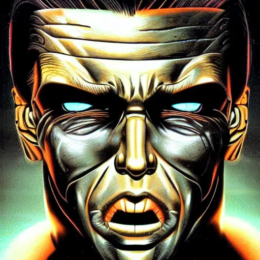 Prompt: artwork of long haired cyborg with damaged face by Greg Hildebrandt. Part of his face is robotic. Cinematic lighting. Terminator 2 ending scene