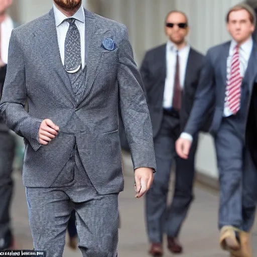 Prompt: he stood patiently, his legs spread apart, in his detective costume: a dark gray chalk stripe three-piece suit, a blue dress shirt with white cuffs and collars, a midnight blue necktie, and a pair of worn-in wheat Timberland Boots