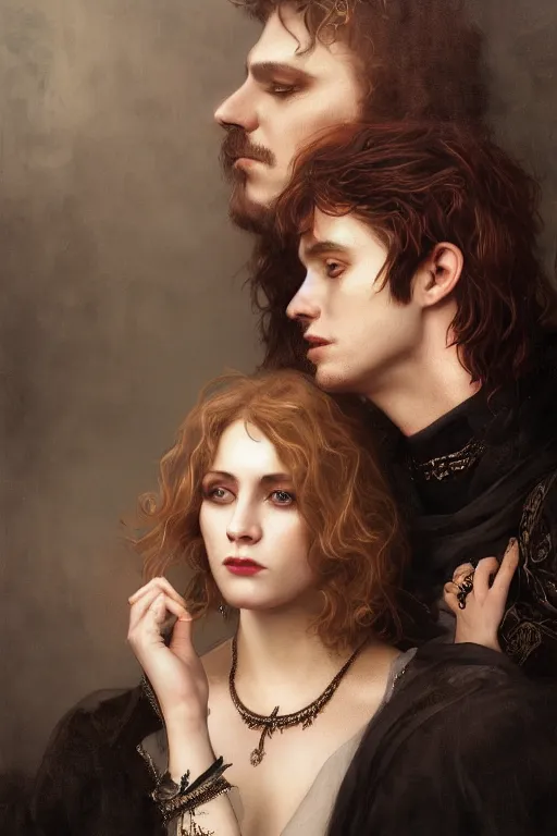 Image similar to a portrait of handsome young male rock star Satan and his elegant beautiful witch wife, bored, illustration, dramatic lighting, soft details, painting oil on canvas, art nouveau, octane render, HDR, 4k, 8k, HD, by Edmund Blair Leighton, Brom, Charlie Bowater, trending on artstation, faces by Tom Bagshaw, Sargent