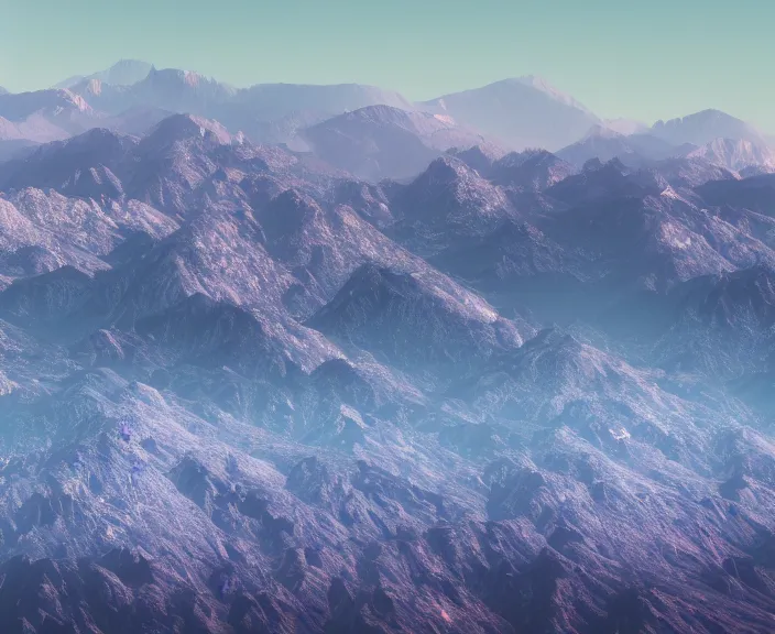 Image similar to 4 k hd, high detail photograph of mountain ranges seen from far away, morning, spring, shot with sigma f / 4. 2, 2 5 0 mm sharp lens, wide shot, consistent, volumetric lighting, high level texture render, unreal engine