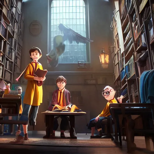 Prompt: a wholesome animation key shot of harry potter students, medium shot, studio pixar and disney animation, sharp, very detailed, high resolution, rendered in unreal engine 5, anime key art by greg rutkowski, bloom, dramatic lighting