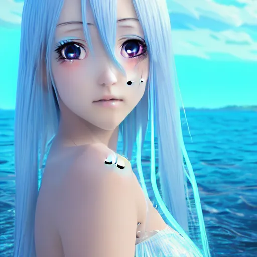 Image similar to a very beautiful anime girl wearing a dress made of water standing in a crystal lake , full body, long white hair with azure blue highlights blending into the dress , azure blue watery eyes, full round face, seductive over the shoulder glances , lens flare, cinematic lighting, medium shot, mid-shot, highly realistically detailed, trending on artstation, Unreal Engine 4k, Stanley Artgerm Lau, WLOP, Rossdraws, James Jean, Andrei Riabovitchev, Marc Simonetti, and Sakimichan