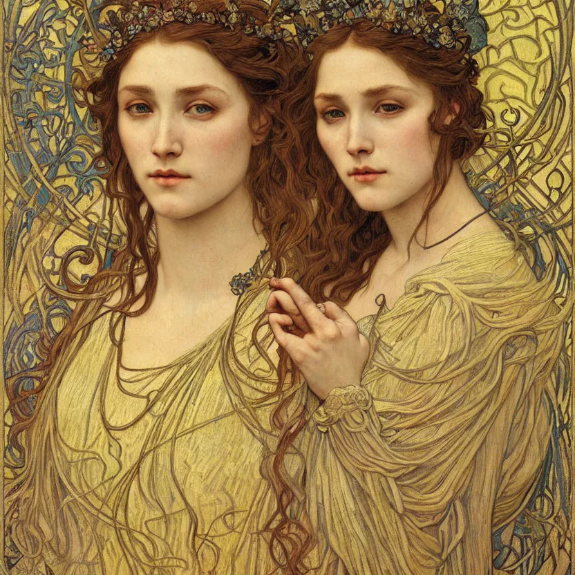 Image similar to detailed realistic beautiful young medieval queen face portrait by jean delville, alphonse mucha, vincent van gogh, and marco mazzoni, art nouveau, symbolist, visionary, gothic, pre - raphaelite