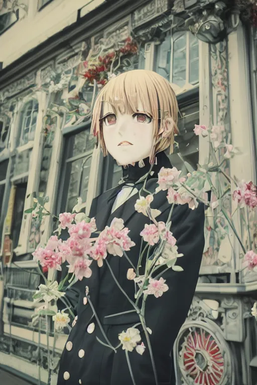 Prompt: Kodak portra 160, 8K, highly detailed, seinen manga 3/4 closeup portrait, eye contact, focus on art nouveau suit, tilt shift background: famous artist in syd mead anime remake, flower shop scene