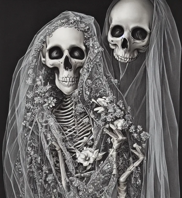 Image similar to portrait of a Bride's skeleton in veil with floral pattern by Laurie Lipton, high detailed, realistic,dark surrealism, hyper detailed