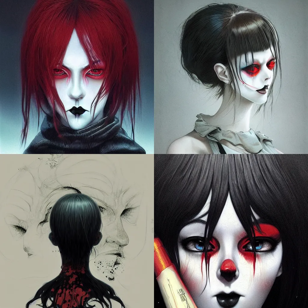 Prompt: beautiful! coherent!!! rule of thirds golden ratio! detailed! expert! professional manga seinen concept art portrait art of a goth clowngirl, painted by ilya kuvshinov!!!!! and zdzislaw beksinski # wow