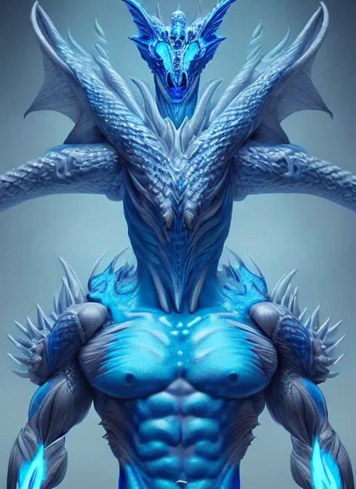 Prompt: muscular and tall blue ghostly fire humanoid dragon!!!! draconian!! intricate ornate iridescent exoesqueleton!! character concept art, sharp focus, octane render! unreal engine 5! highly rendered!! trending on artstation!! detailed linework!! illustration by artgerm, wlop, and chie yoshii