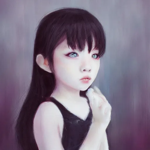 Prompt: a beautiful little girl by WLOP, pixiv, very white skin, sad black eyes, very black hair